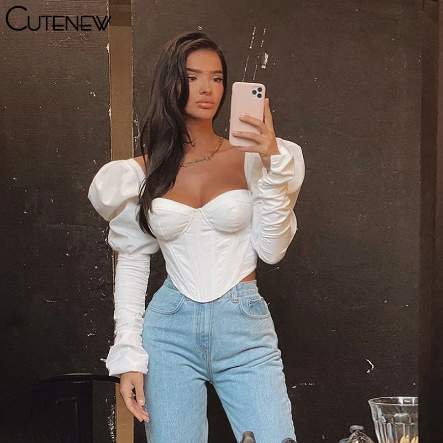 Elegant Romantic Irregular Croped Corset Top Women Stylish Puff Sleeve Vacation Crop Top Skinny Casual Streetwear Female