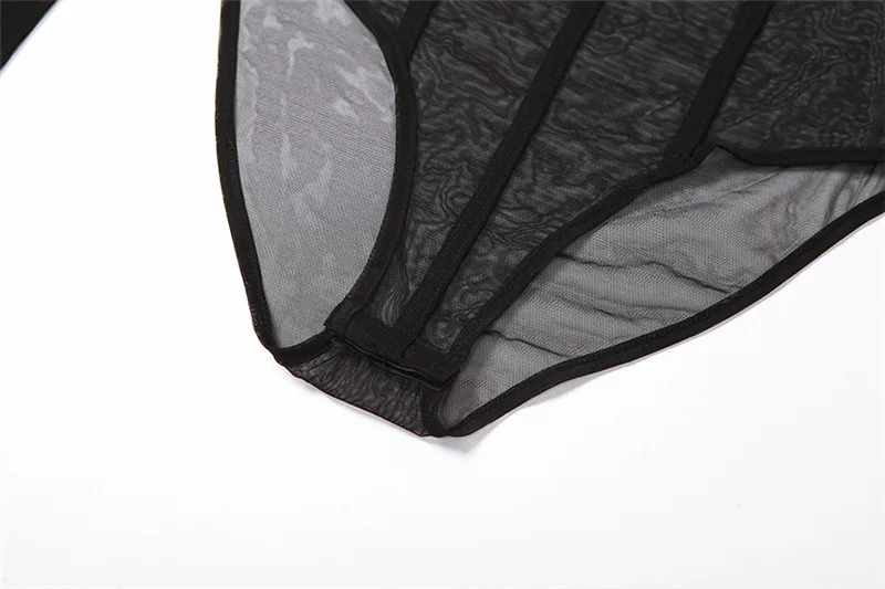 Black Bodysuit Lingerie Sexy Body Feminino See Through Corset Top Women Rave Outfit Mesh Patchwork One-Pieces Lenceria Femenina