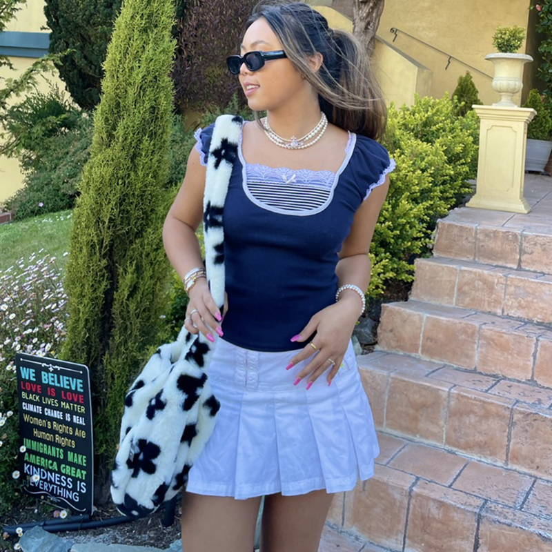 Kawaii Bow Lace Trim T-shirt Vintage Striped Patchwork Slim Fit Crop Top Y2K Aesthetic Fairy Grunge Retro Pullover Tees Women