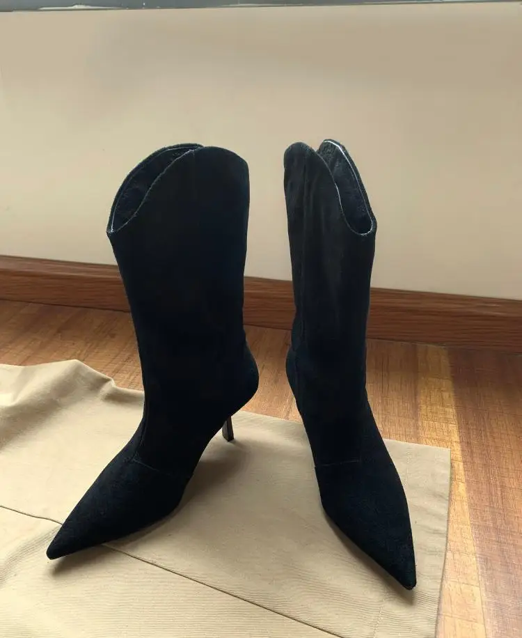 Women's Autumn Shoes Nubuck Leather Stiletto Mid-calf Boots Women Fashion Pumps Winter Black Pointed Toe High-heeled Boots Woman