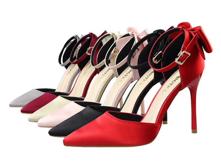 Shoes Bow Woman Pumps Silk High Heels Women Shoes Stiletto Red Wedding Shoes Women Heels Women Sandals 8cm and 10cm