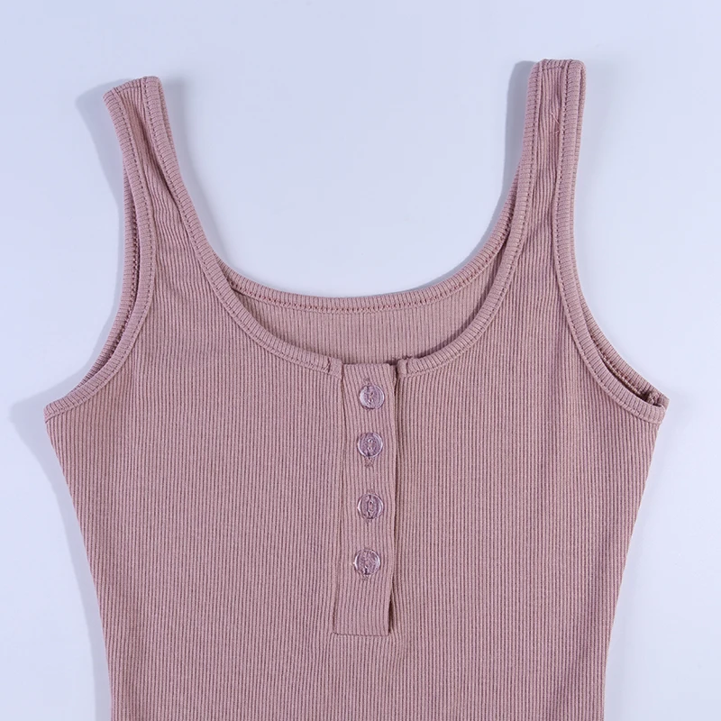 Women Knitted Elastic Knee-Length Dress V-Neck Sleeveless Elegant Button Vestidos Female Sexy Party Slim Dresses Summer