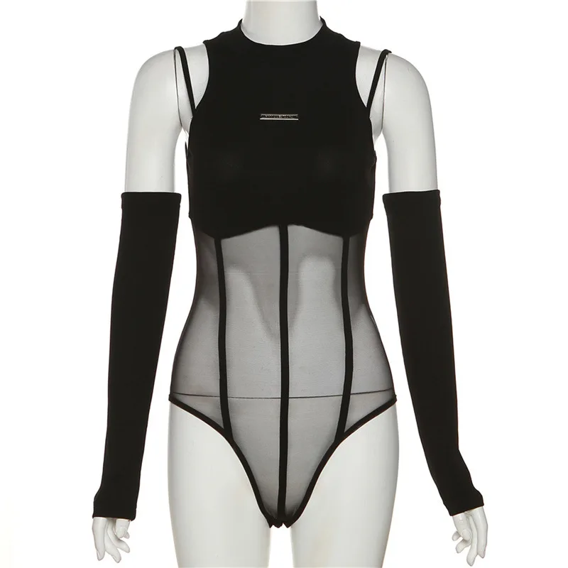Black Bodysuit Lingerie Sexy Body Feminino See Through Corset Top Women Rave Outfit Mesh Patchwork One-Pieces Lenceria Femenina