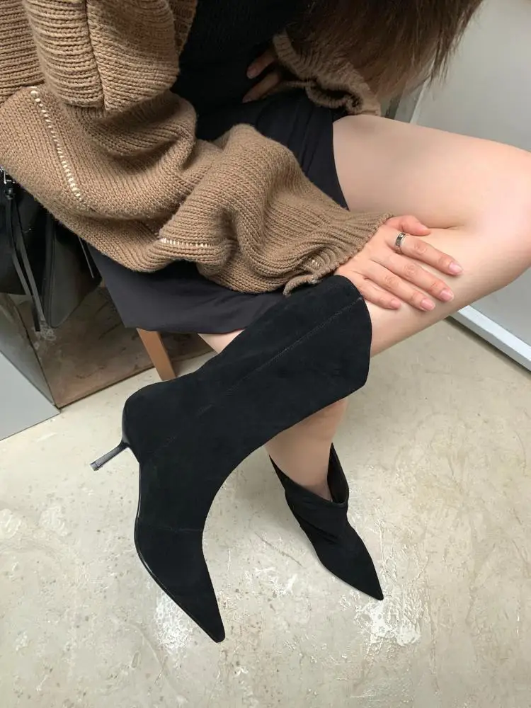 Women's Autumn Shoes Nubuck Leather Stiletto Mid-calf Boots Women Fashion Pumps Winter Black Pointed Toe High-heeled Boots Woman