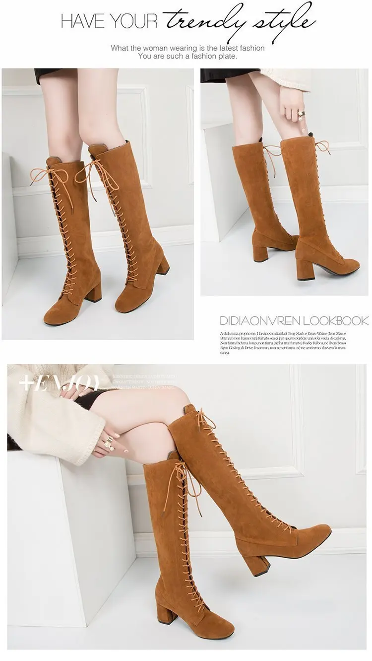 Women's High Boots 2021 Autumn Winter Shoes Square Heel Cross-tied Fashion Knee High Boots Ladies Modern Boot Size43 Women Shoes