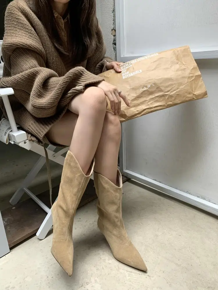 Women's Autumn Shoes Nubuck Leather Stiletto Mid-calf Boots Women Fashion Pumps Winter Black Pointed Toe High-heeled Boots Woman