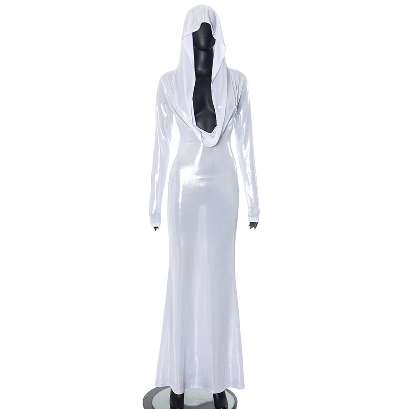 Women Trendy Unique White Long Sleeve Hooded Swing Collar High Waist Slim Fit Maxi Dress
