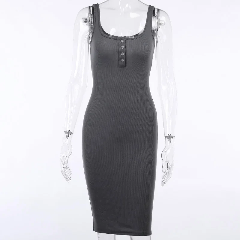 Women Knitted Elastic Knee-Length Dress V-Neck Sleeveless Elegant Button Vestidos Female Sexy Party Slim Dresses Summer