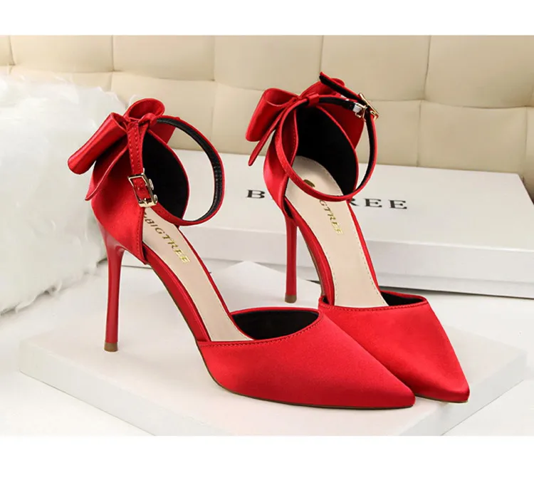 Shoes Bow Woman Pumps Silk High Heels Women Shoes Stiletto Red Wedding Shoes Women Heels Women Sandals 8cm and 10cm