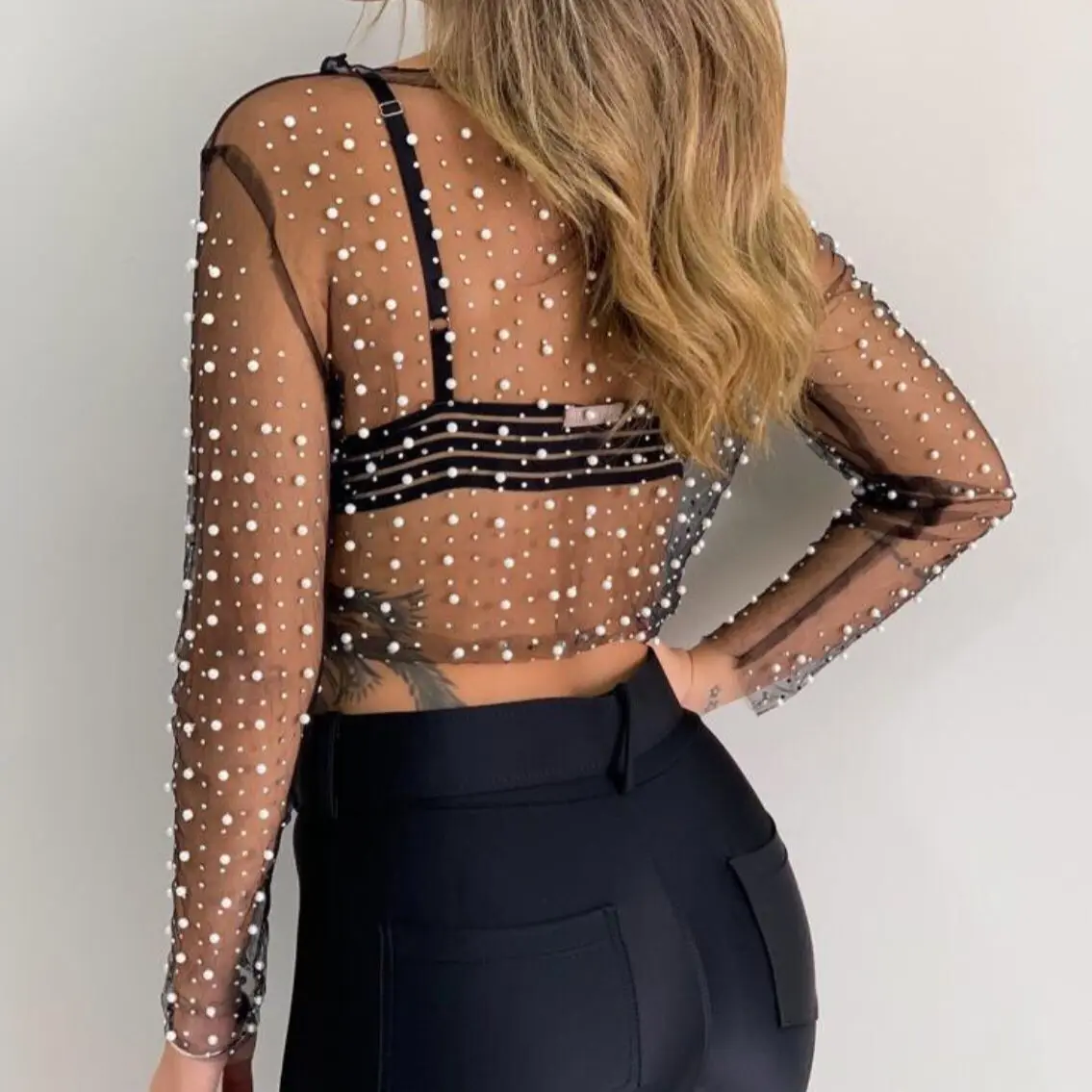Luxury Crystal Sexy See Through Long Sleeve T-shirt Lace Night Party Club Cropped Top Lady Fashion Balck Streetwear 2025
