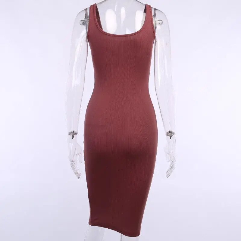 Women Knitted Elastic Knee-Length Dress V-Neck Sleeveless Elegant Button Vestidos Female Sexy Party Slim Dresses Summer