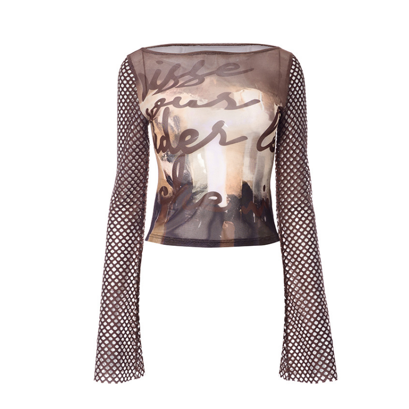 See Through Y2k Top Long Sleeve T Shirts For Women Clothing Mesh Patchwork Roupas Femininas Estilosas Slim Brown Ropa De Mujer