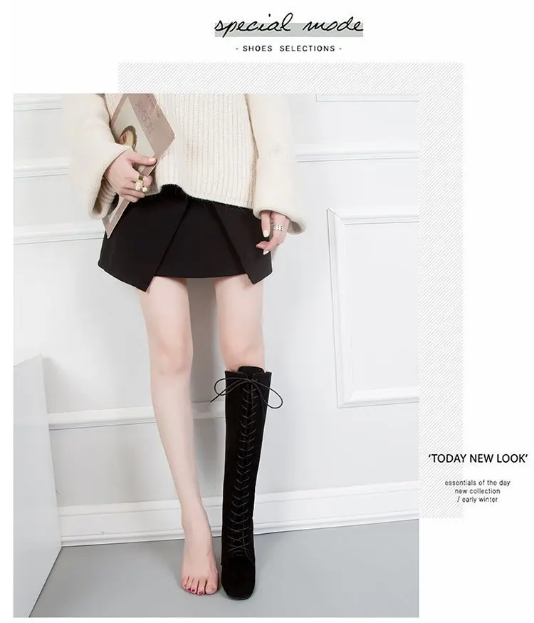 Women's High Boots 2021 Autumn Winter Shoes Square Heel Cross-tied Fashion Knee High Boots Ladies Modern Boot Size43 Women Shoes