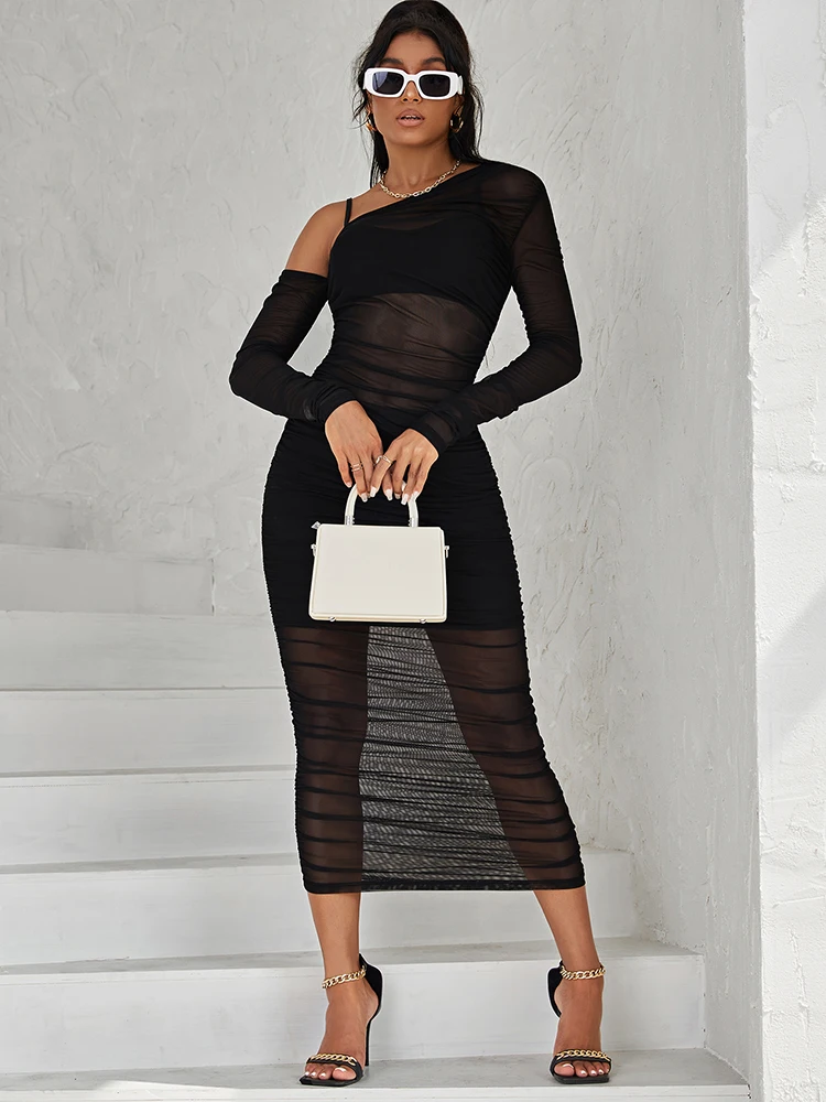 Mesh See Through Women Dress Sexy 3 Piece Set Elegant Fashion Female Clothing Casual Slim Camisole Black Bodycon Skirts