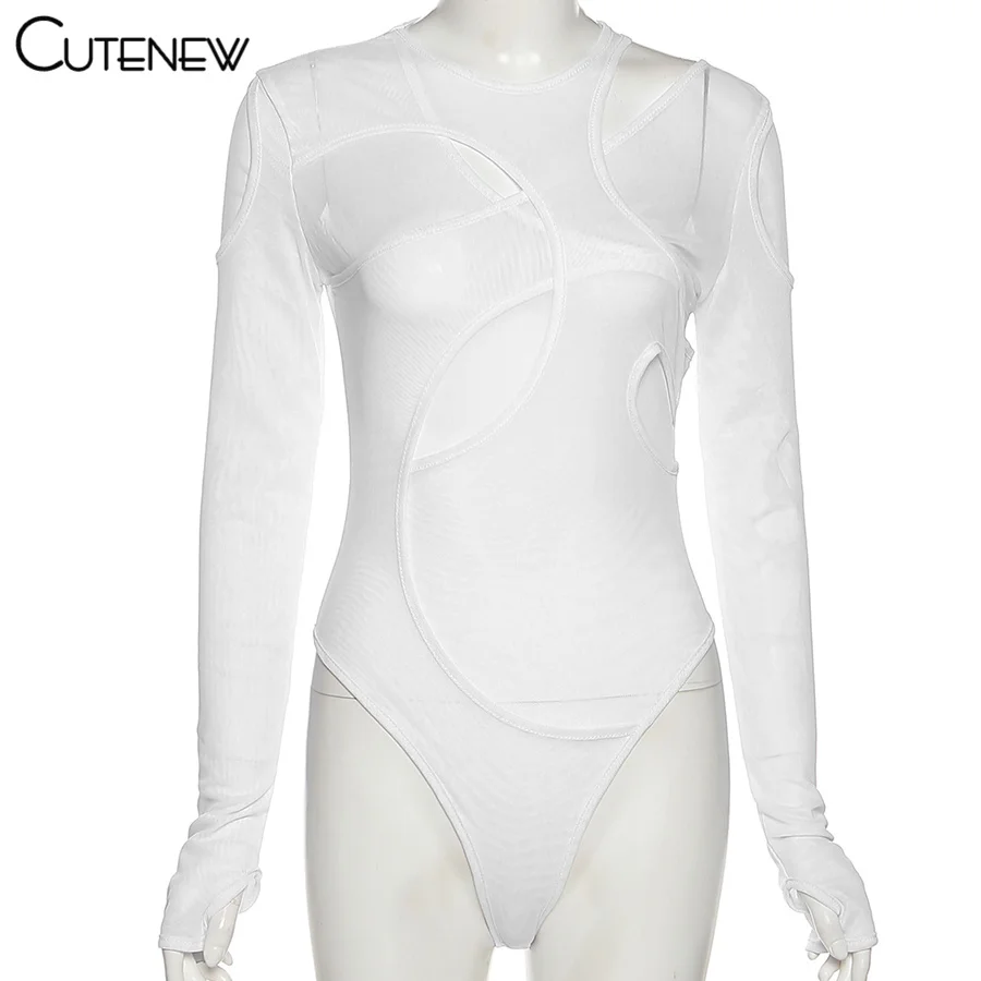 Solid Sexy Mesh See Through Irregular Hollow Bodysuit Women Fashion O-Neck Long Sleeves Stretch Club Party Lady Rompers
