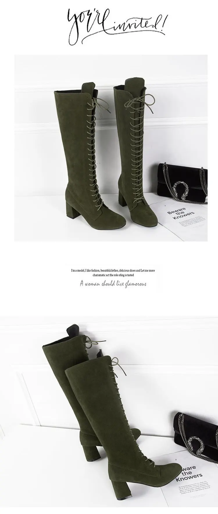 Women's High Boots 2021 Autumn Winter Shoes Square Heel Cross-tied Fashion Knee High Boots Ladies Modern Boot Size43 Women Shoes