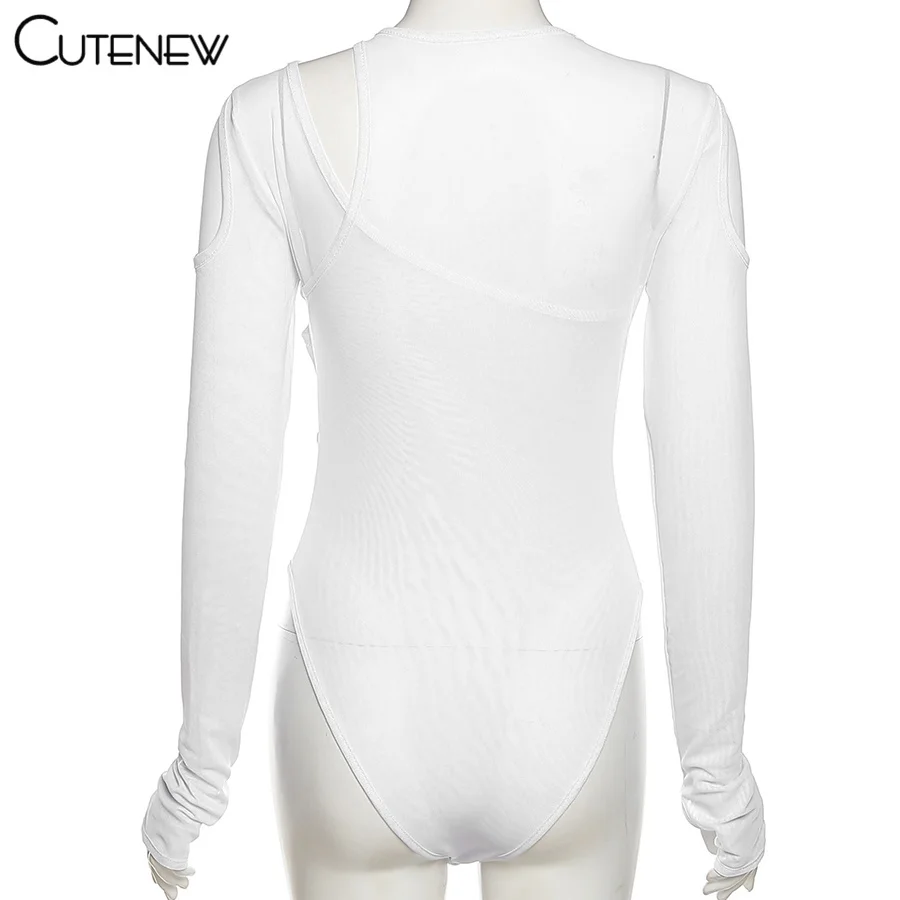 Solid Sexy Mesh See Through Irregular Hollow Bodysuit Women Fashion O-Neck Long Sleeves Stretch Club Party Lady Rompers
