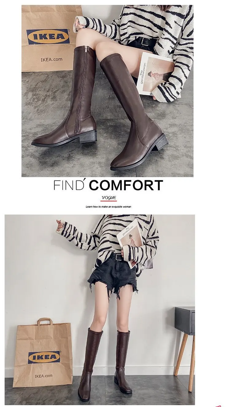 Knee High Boots Side Zipper PU Leather Booties Women Designer Shoes Autumn Winter Womens Fashion Knightly Boots Zapatos De Mujer