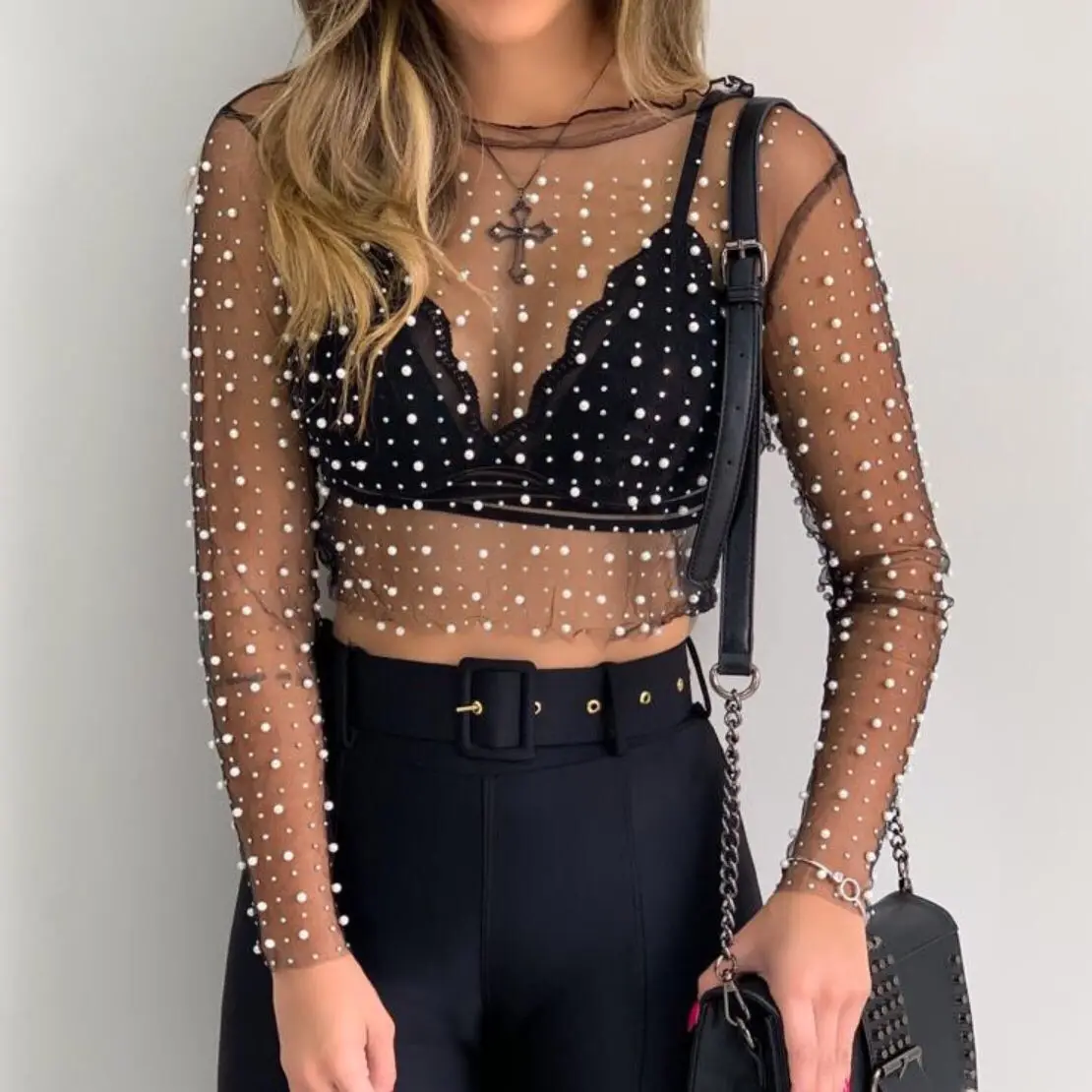 Luxury Crystal Sexy See Through Long Sleeve T-shirt Lace Night Party Club Cropped Top Lady Fashion Balck Streetwear 2025