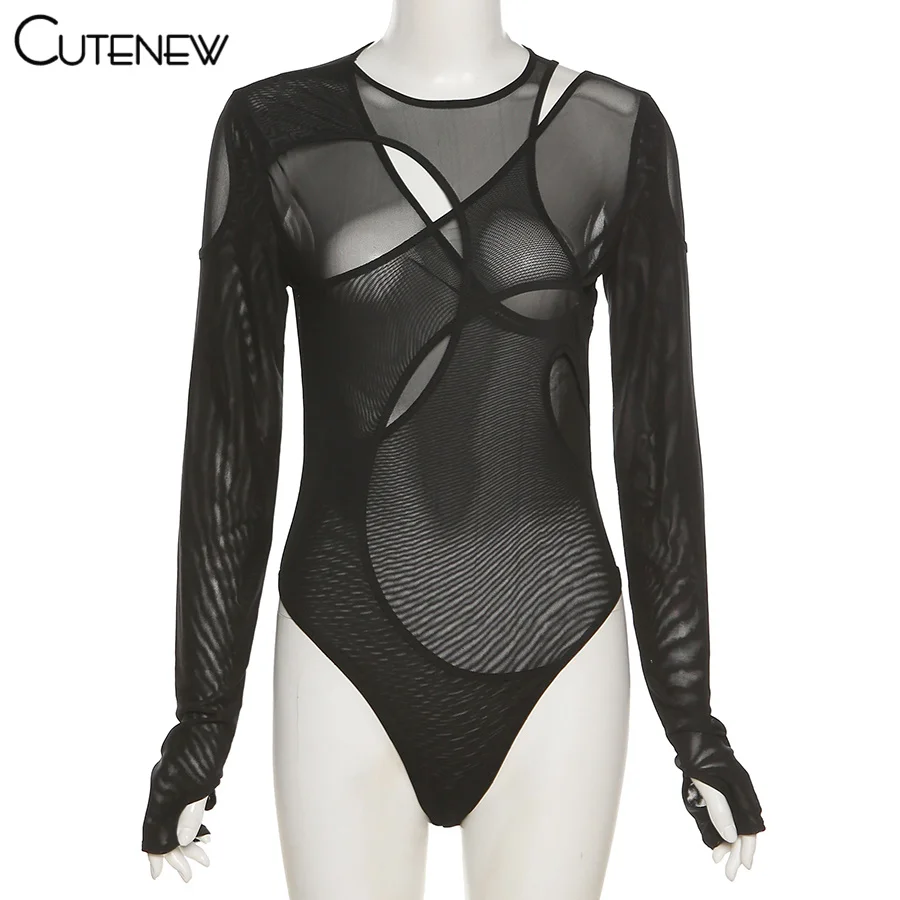 Solid Sexy Mesh See Through Irregular Hollow Bodysuit Women Fashion O-Neck Long Sleeves Stretch Club Party Lady Rompers