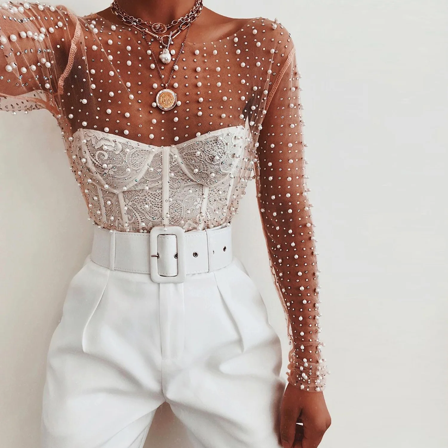Luxury Crystal Sexy See Through Long Sleeve T-shirt Lace Night Party Club Cropped Top Lady Fashion Balck Streetwear 2025