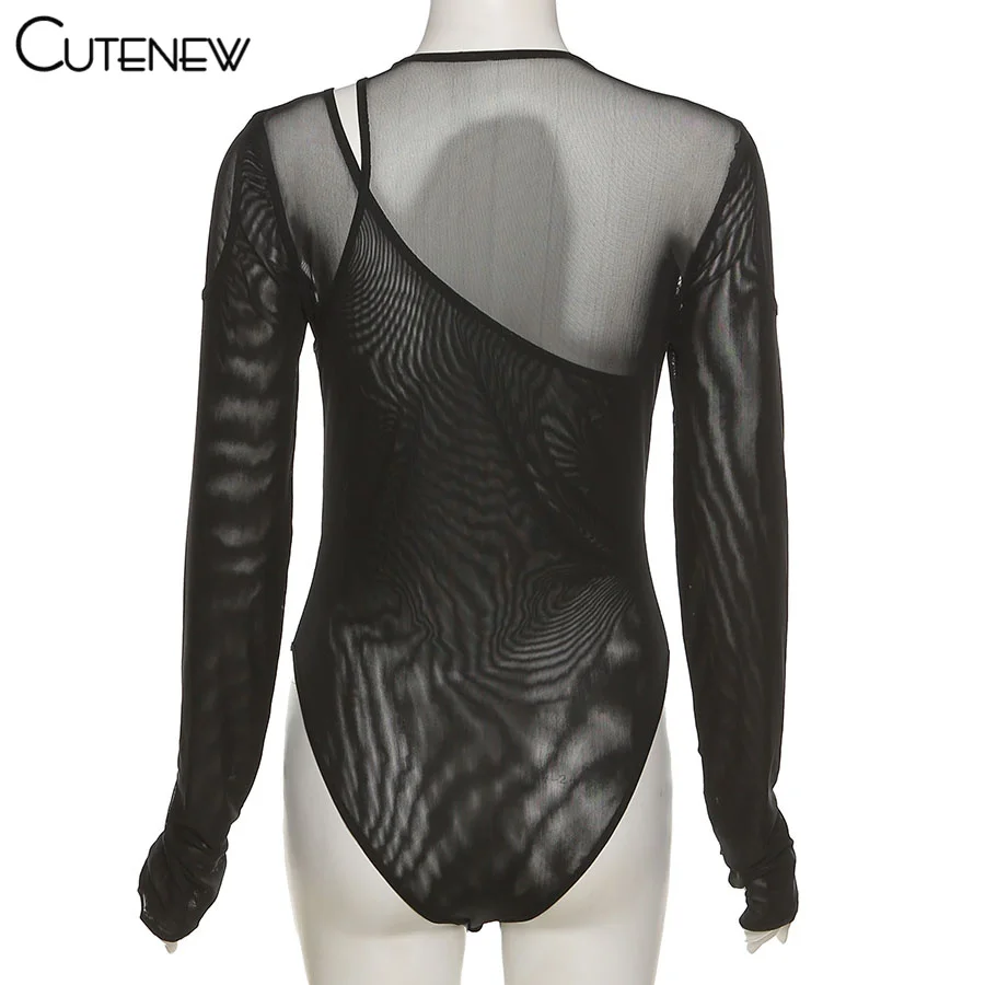 Solid Sexy Mesh See Through Irregular Hollow Bodysuit Women Fashion O-Neck Long Sleeves Stretch Club Party Lady Rompers