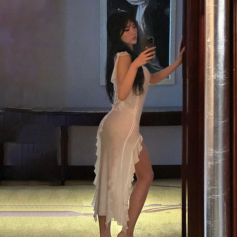 Bodycon Dress See Through Y2k Clothes Sleeveless Vestidos De Mujer Spaghetti Strap White Club Outfits For Women Sexy Streetwear