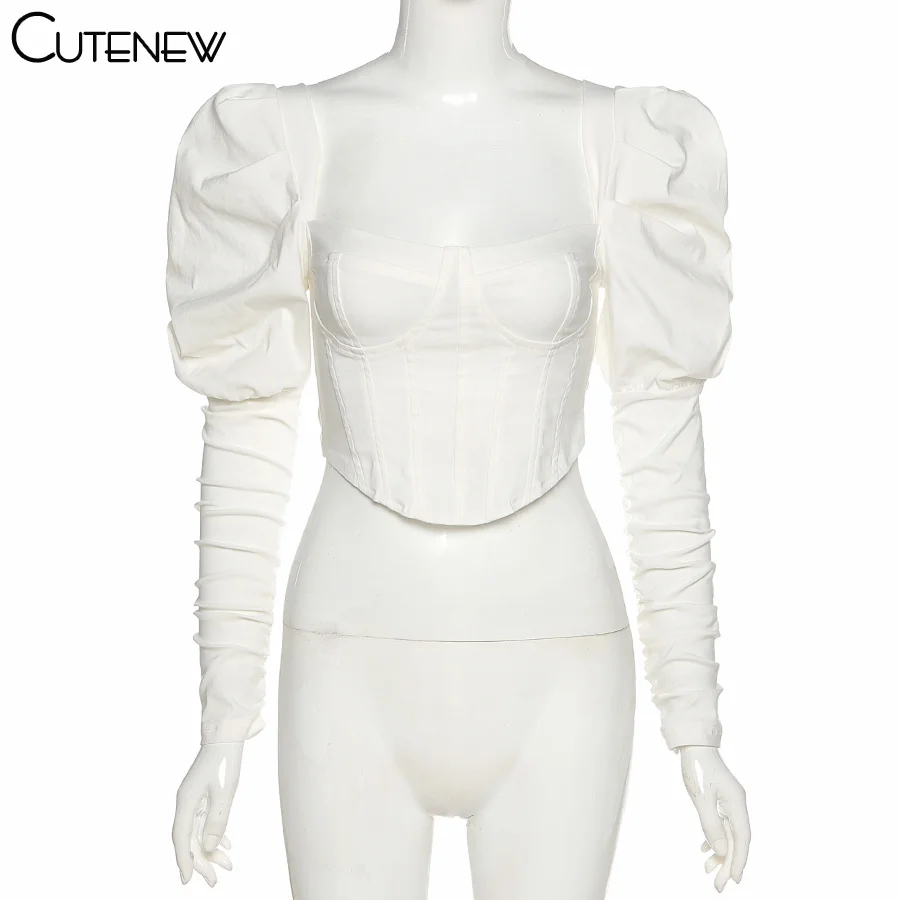 Elegant Romantic Irregular Croped Corset Top Women Stylish Puff Sleeve Vacation Crop Top Skinny Casual Streetwear Female
