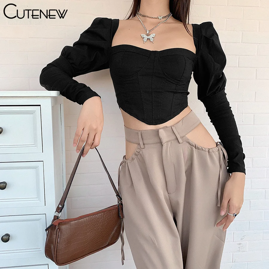 Elegant Romantic Irregular Croped Corset Top Women Stylish Puff Sleeve Vacation Crop Top Skinny Casual Streetwear Female