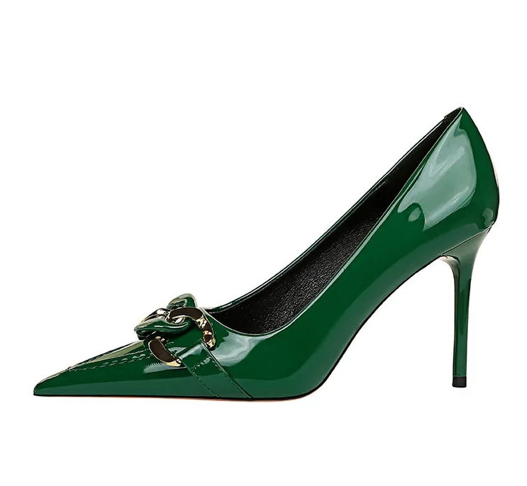 Shoes Fashion Women Pumps Patent Leather High Heels Metal Belt Buckle High Quality Pumps Women Party Shoes Stiletto