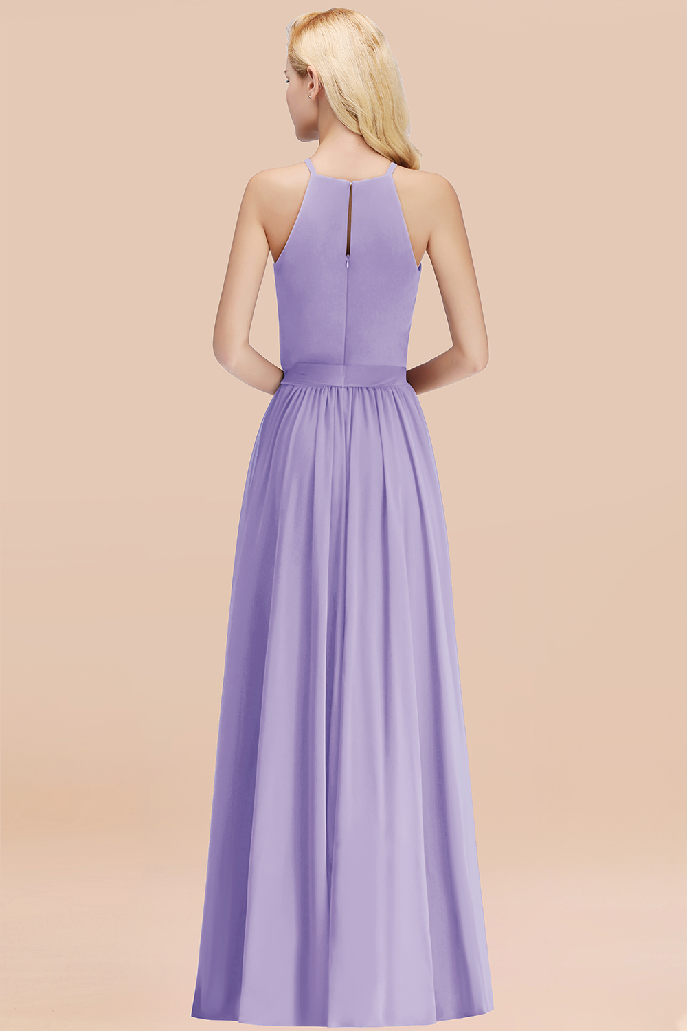 Modest Long A-line Halter Chiffon Bow Lilac Bridesmaid Dresses