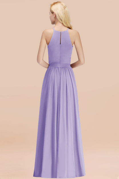 Modest Long A-line Halter Chiffon Bow Lilac Bridesmaid Dresses