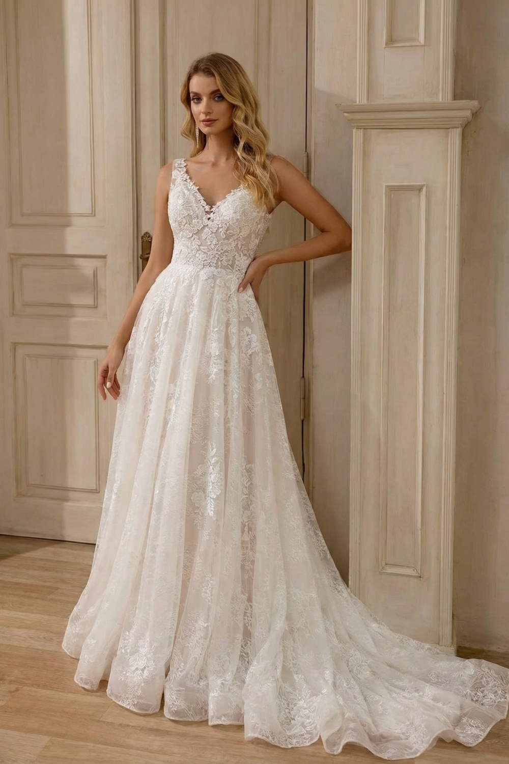 Elegant V-neck A-line Open Back Tulle Lace Wedding Dresses
