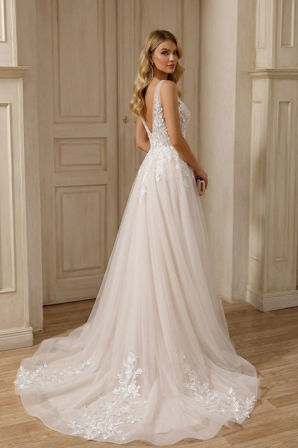 Elegant V-neck A-line Open Back Tulle Lace Wedding Dresses
