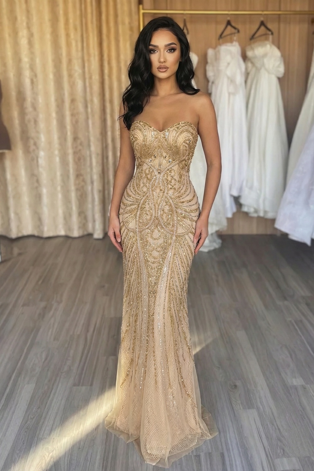 Long Strapless Mermaid Sequined Formal Evening Dresses with Beads