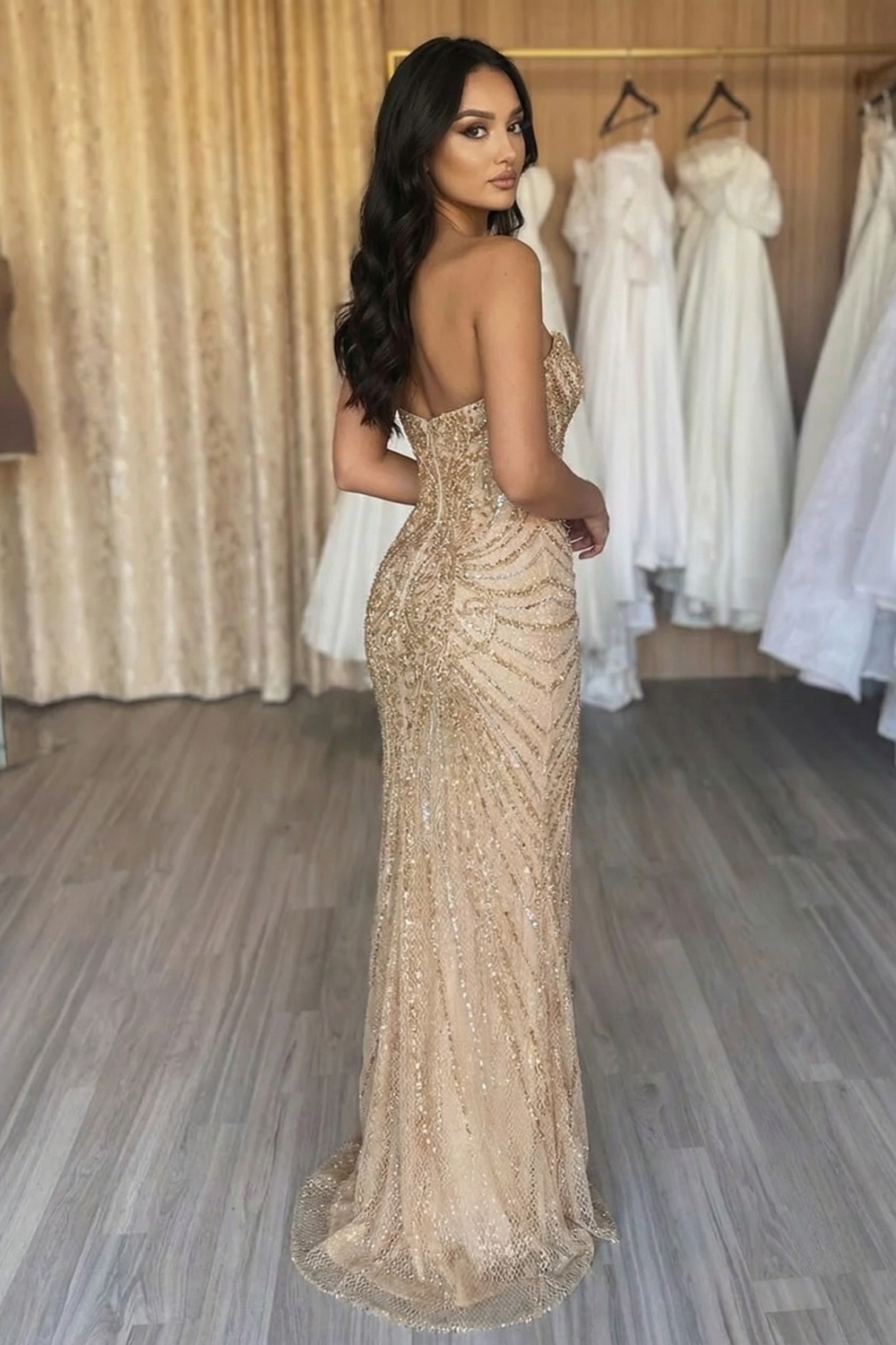 Long Strapless Mermaid Sequined Formal Evening Dresses with Beads