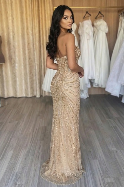 Long Strapless Mermaid Sequined Formal Evening Dresses with Beads
