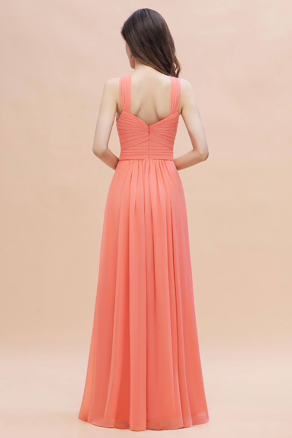 Coral Cross Neck Chiffon Long Bridesmaid Dress A-Line Wedding Guest Dress With Side Slit