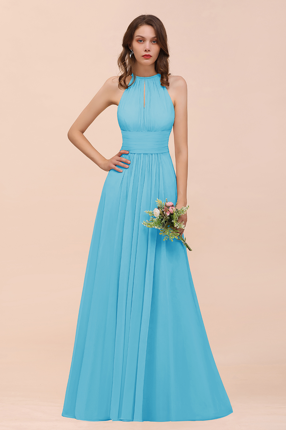Elegant Long A-Line Jewel Ruffle Chiffon Champagne Bridesmaid Dress