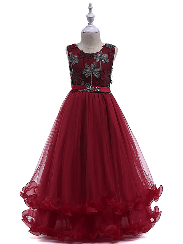 Burgundy Long A-line Tulle Sleeveless Jewel Neck Flower Girl Dresses