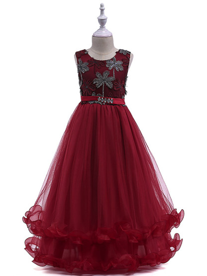 Burgundy Long A-line Tulle Sleeveless Jewel Neck Flower Girl Dresses