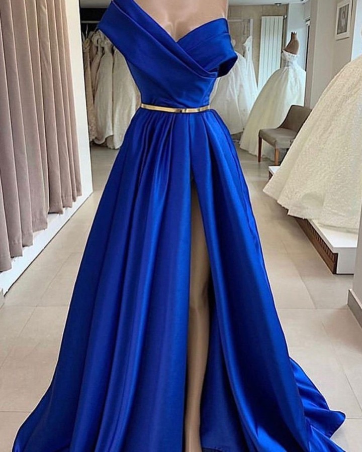 Dignified Blue One Shoulder Floor-length A-line Prom Dresses with Slit