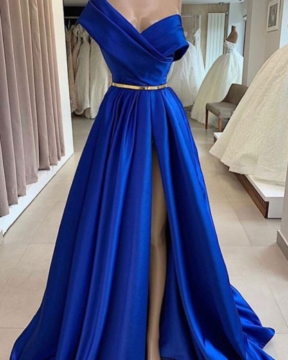 Dignified Blue One Shoulder Floor-length A-line Prom Dresses with Slit