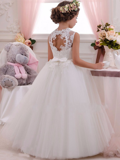 Long Ball Gown White Tulle Lace First Communion Flower Girl Dresses