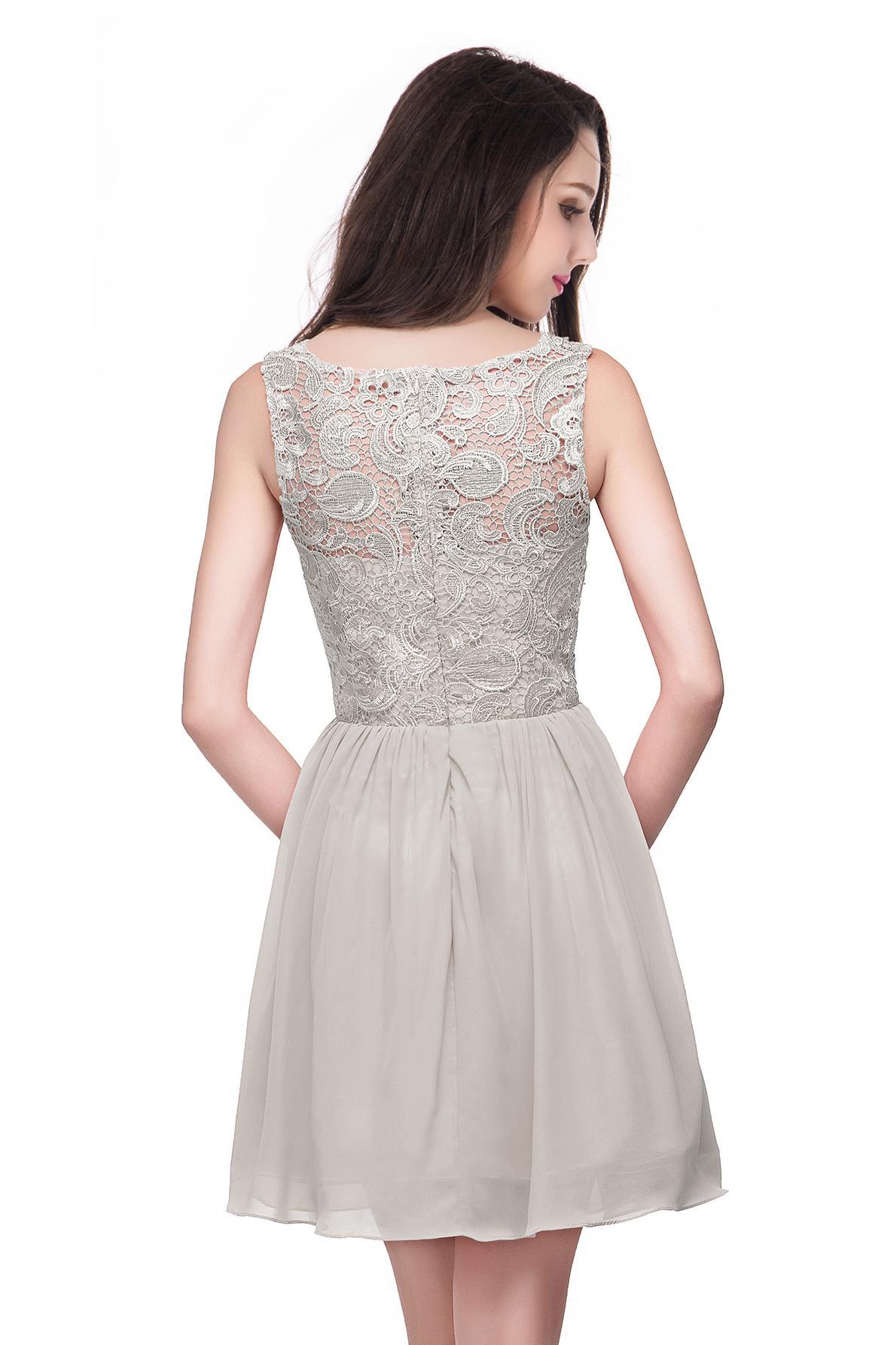 Simple Crew Neck Off The Shoulder Lace Chiffon Mini Homecoming Dress