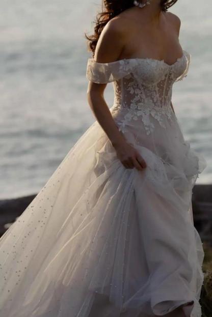 Off The Shoulder Open Back A-Line Tulle Long Wedding Dress