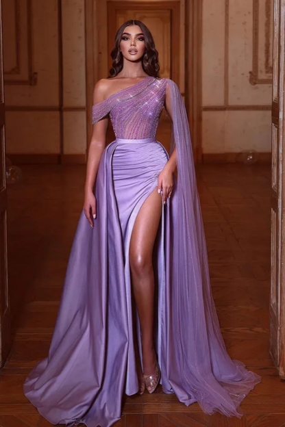 Charming Long Mermaid One Shoulder Sequins Evening Prom Dress With Side Slit