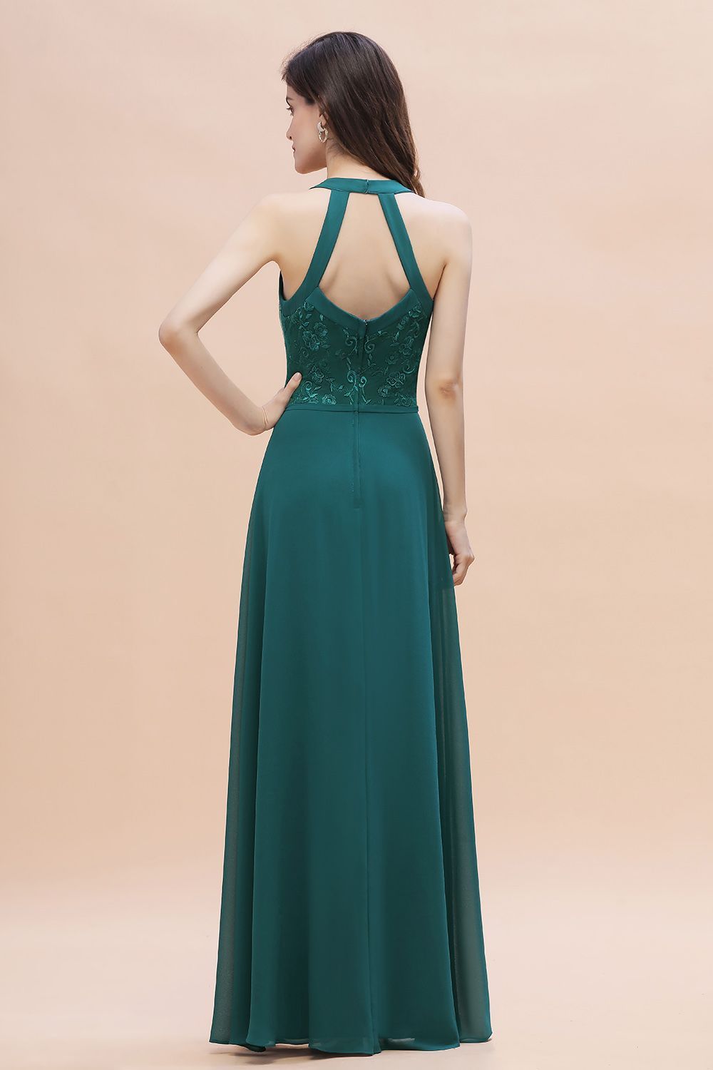 Classy Wide Straps A-Line Halter Floor-length Chiffon Bridesmaid Dress