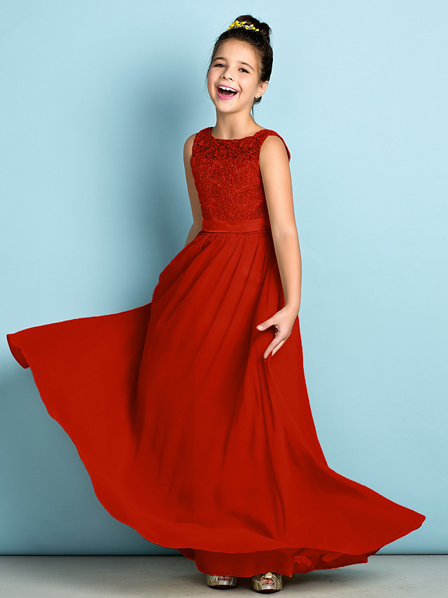 A-Line Scoop Neck Floor Length Chiffon / Lace Junior Bridesmaid Dress With Lace / Natural / Mini Me