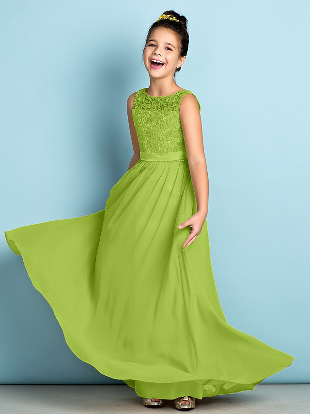 A-Line Scoop Neck Floor Length Chiffon / Lace Junior Bridesmaid Dress With Lace / Natural / Mini Me